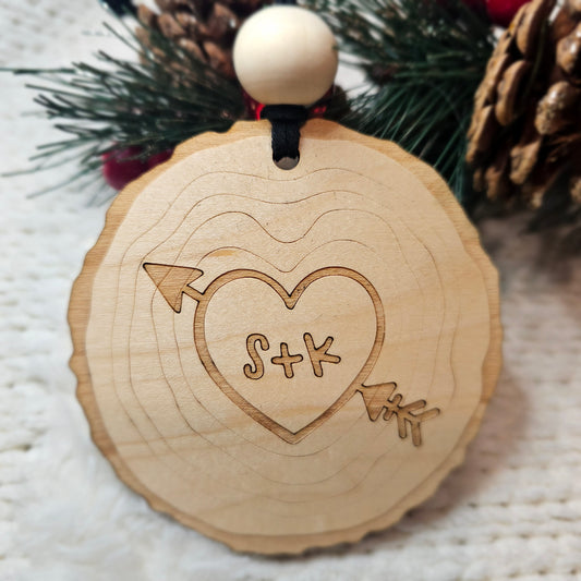 Personalized Initials Carved Heart Ornament – Rustic Wood Slice Design